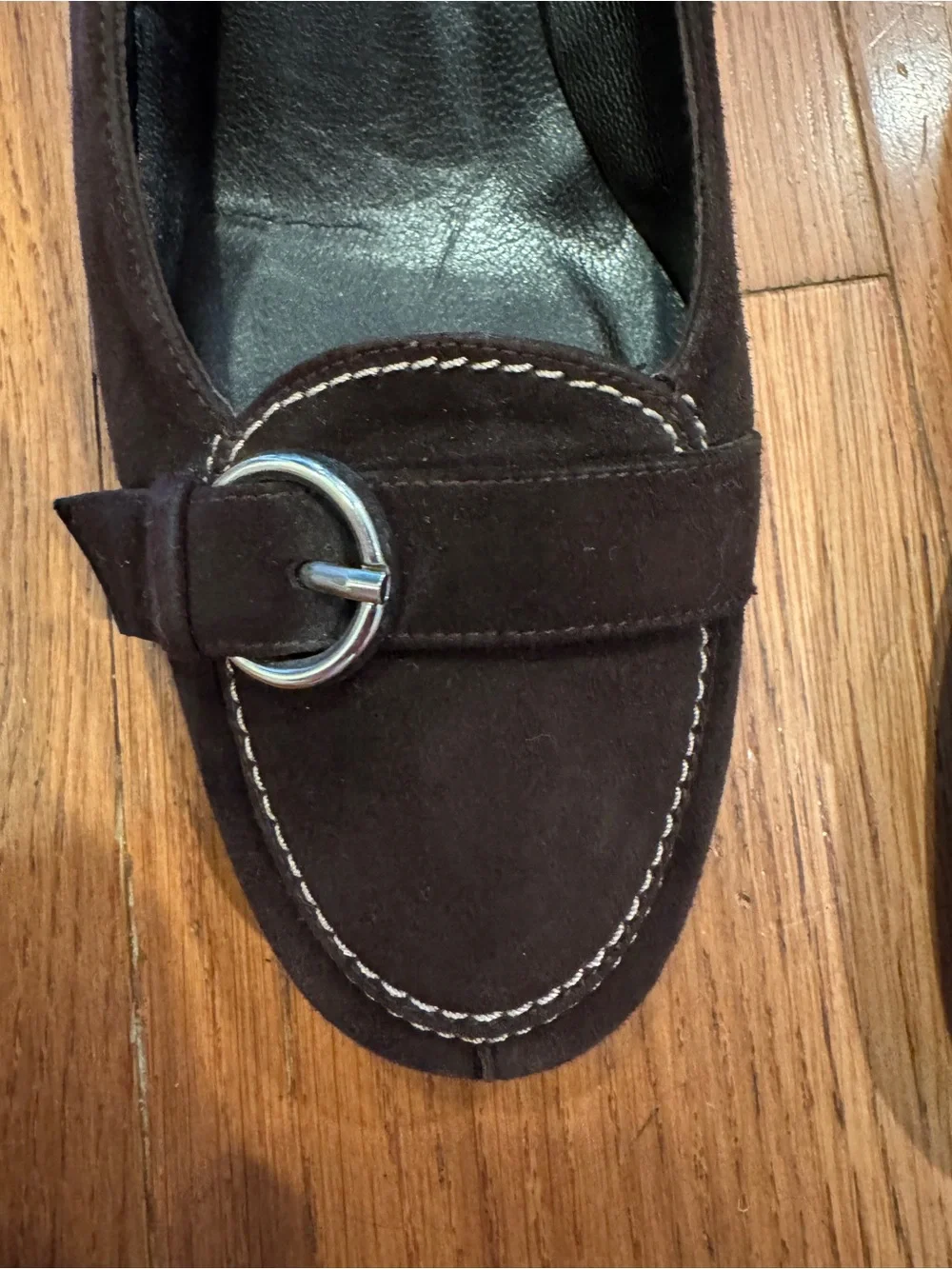 Stuart Weitzman Dark Brown Suede Low Heel Pumps with Buckle